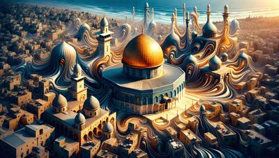 The primary subject of the image is a large, ornate building with a gold dome, which appears to be a mosque. The setting is a cityscape with other buildings and structures surrounding the mosque. The visual style is a combination of digital art and illustration, creating a vibrant and detailed scene. The colors and mood of the image are warm and inviting, with the gold dome and other buildings adding a sense of grandeur and cultural significance to the scene.